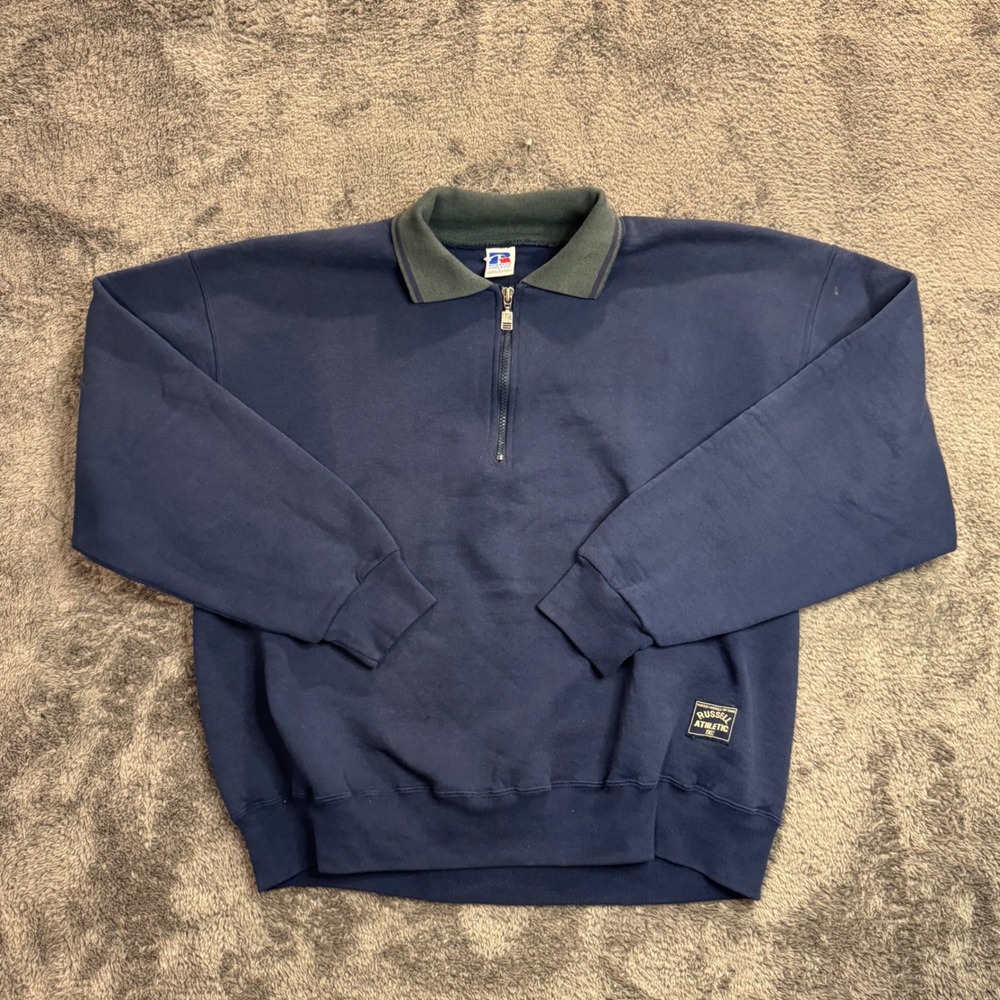 Vintage 90s Russell Athletic Quarter Zip Sweatshirt Navy Blue Made in USA Large